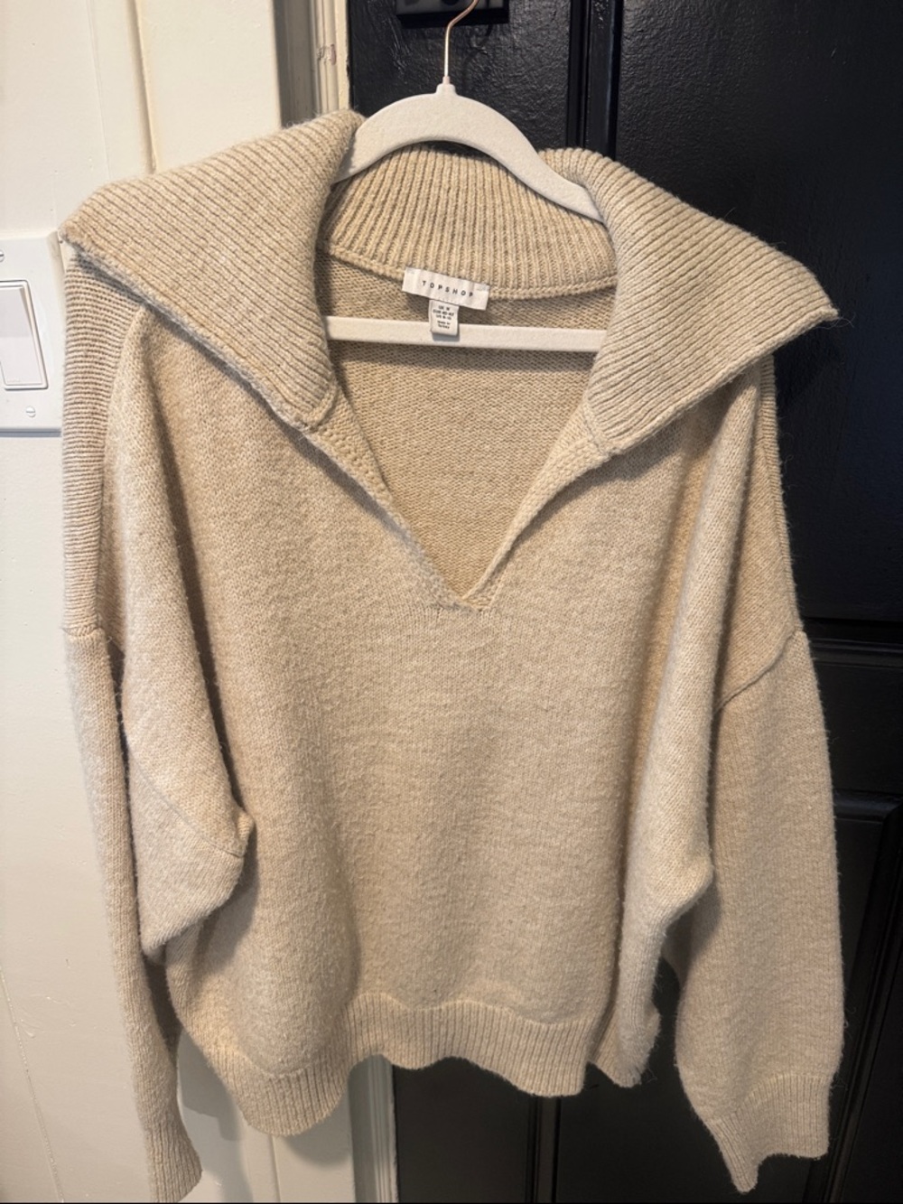 Topshop Beige Fold-Over Collar V-Neck Sweater